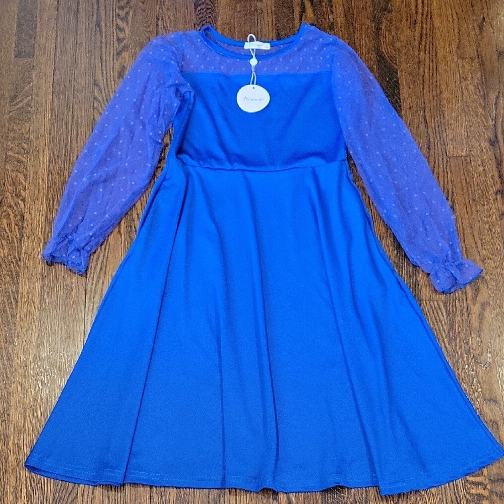 Girls' Royal Blue Long Sleeve Mesh Dress Size 12